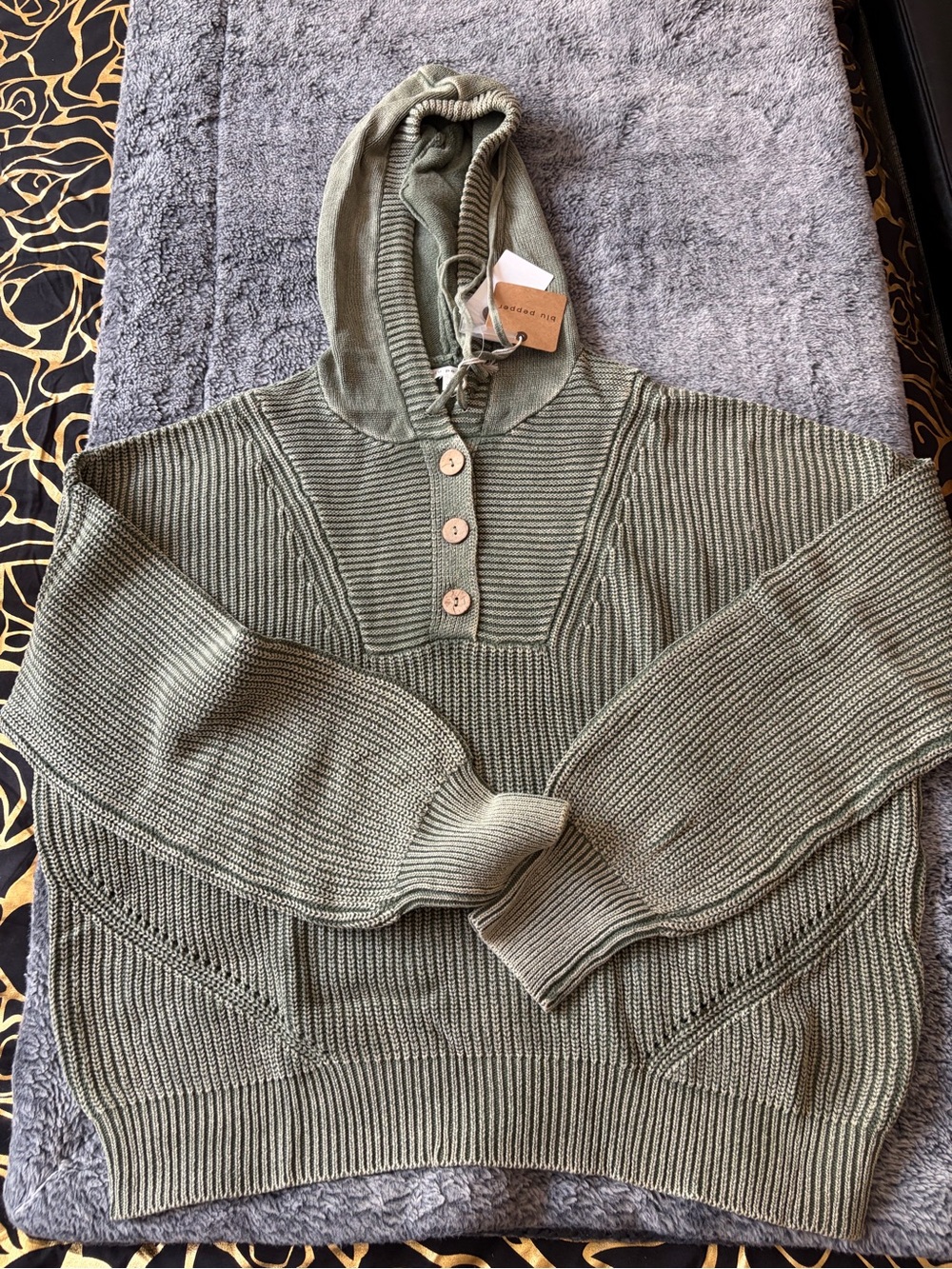 Blu Pepper Olive Green Hooded Button-Front Knit Pullover